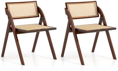 Costway Foldable Dining Chairs Set of 2 with Woven Rattan Backrest-Brown