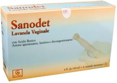 ABBATE A&V PHARMA Srl Sanodet Lavanda Vaginale 4 Flaconi da 140ml - Con Acido Borico, Ripristina la Flora Batterica Vaginale