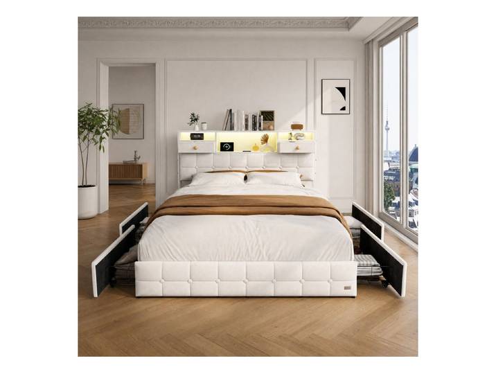 Furnishings Home Polsterbett Doppelbett LED Stauraumbett mit Schubladen (Mit Komforthöhe Lattenrost, Leises Design Bett), Modernes Jugendbett, Leises Design Bett, Max. Belastbarkeit 350 kg