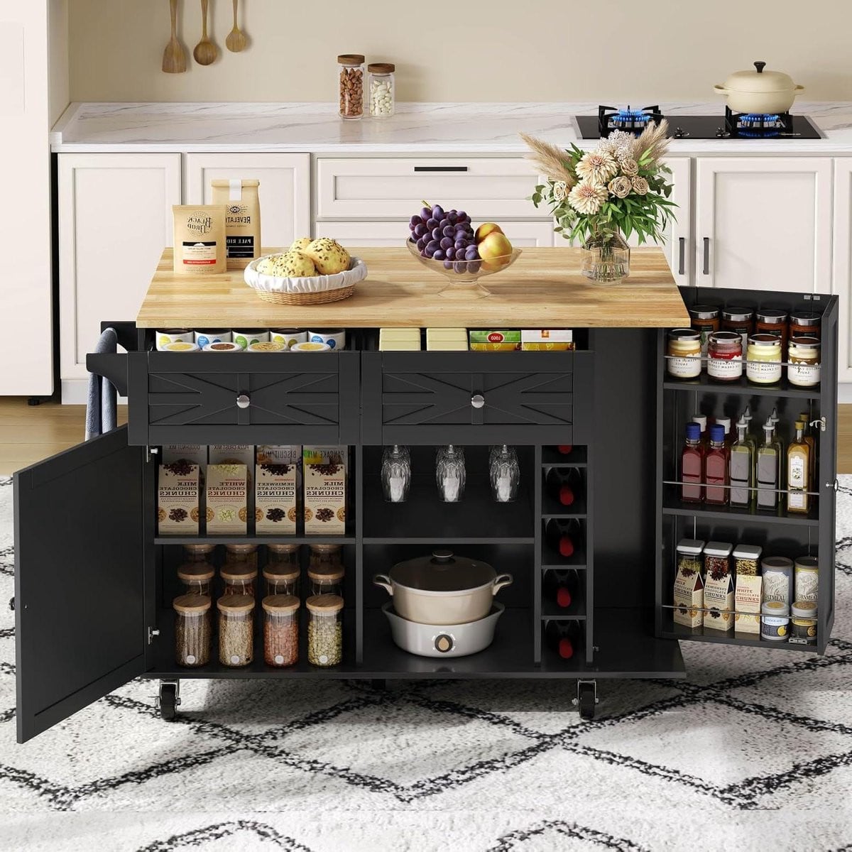 Modern Keukenbuffet Dressoir met Uitschuifbaar Werkblad - Zwart - Breedte: 138 cm