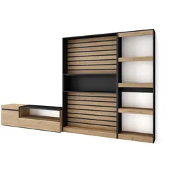 SKRAUT HOME Wohnzimmermöbel TV, Wohnzimmerwandsystem, 320x35x186cm, Möbelset, Moderner Stil, Eiche und Schwarz _ 91_85