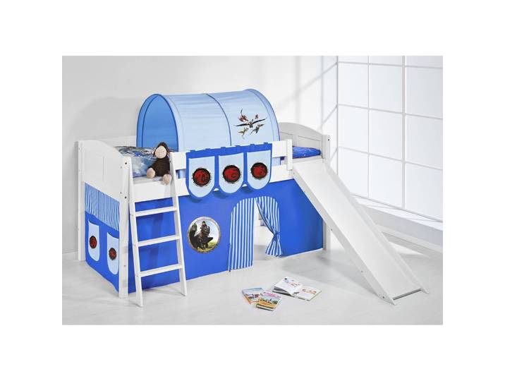 Lit mezzanine Dragons 90 x 200cm Blanc/Bleu Avec échelle/Avec toboggan