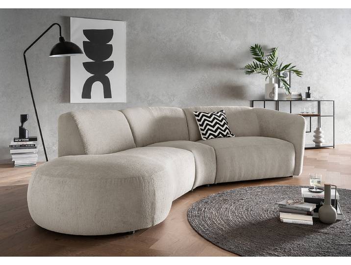 Rundecke Beige Strukturstoff Okka 276 x 72 x 183cm Ottomane davorstehend links Modern