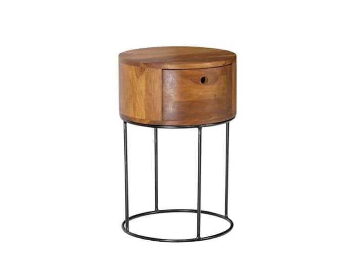 FineBuy Nachttisch Rund 40x40x60 cm Sheesham Massivholz, Schublade runde Nachtkonsole Industrial mit Stauraum, Nachtkästchen aus Echtholz, handgefertigtes Unikat