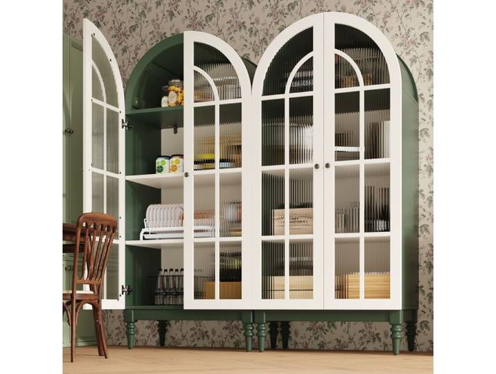 Vitrine haute AESVAR 2 pièces 165 cm portes vitrées cannelées design arqué vert foncé et blanc