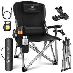 KESSER® Campingstuhl faltbar bis 160 kg   Angelstuhl Faltstuhl Klappstuhl Gepolstert mit Armlehnen   Campinglicht und Getränkehalter + Tasche mit hoher Rückenlehne   Strandstuhl mit Angelhalterung