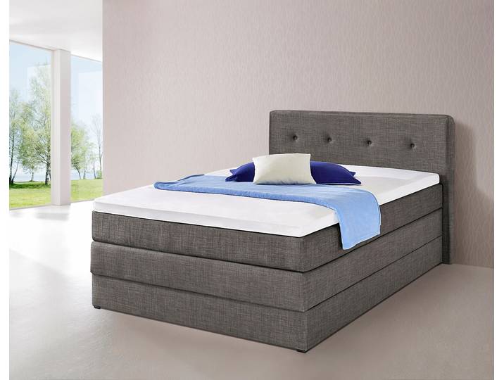 Boxspringbett, Feinstrukturstoff, Grau, 140×200 cm, Mit Bettkasten, Landhaus, Hapo