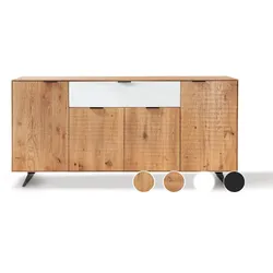 Massivholz »Lugano« Sideboard VI mit Holzfüßen Hobelschlag Front / obere Schublade in Anthrazitglas