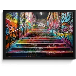 POSTER MIT RAHMEN Treppe - Graffiti - Farben - Kunst 60x40 cm