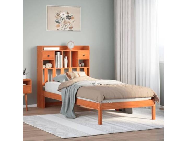 RJPLMFV Bücherbett, massives Kiefernholz, 75 x 190 cm, ohne Matratze Lattenrost inklusive, integrierte Aufbewahrung, ideal für kleines Schlafzimmer, ersetzt Nachttisch