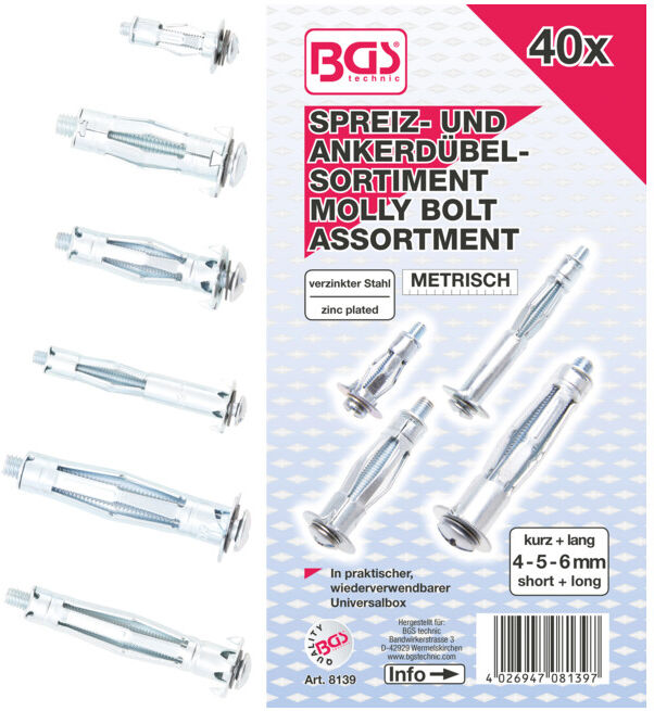 BGS Assortiment de chevilles de chevilles Molly 40 pièces ; BGS technic (8139)