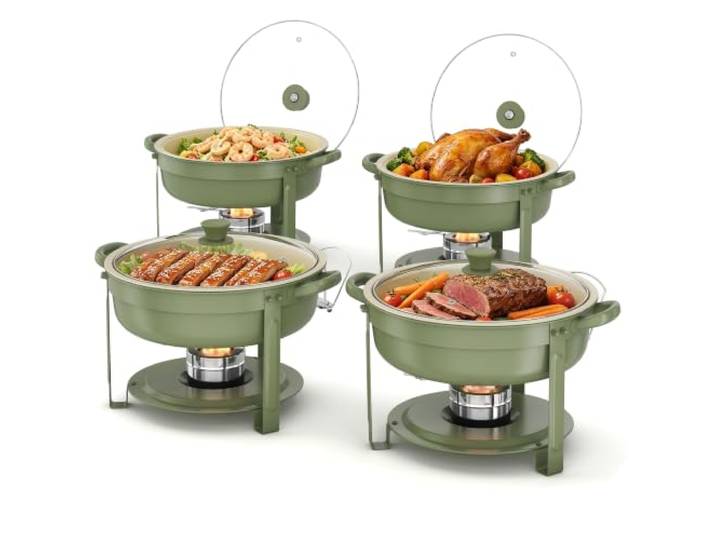 EffiQ-Rate 4 Stück Grün Chafing Dish Rund 6QT Speisenwärmer für Buffet mit Glasdeckel, Komplettset mit Besteck, Edelstahl, PTFE-Beschichtung, Temperaturerhaltung, für Hochzeit, Partys, Catering