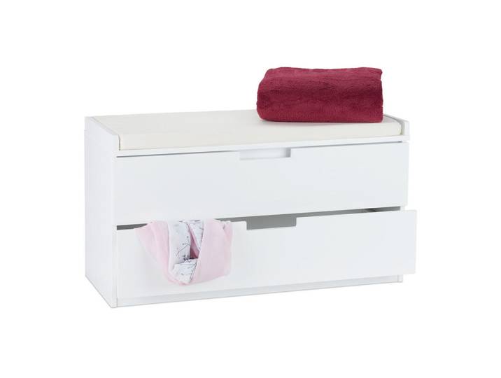 Relaxdays Sitzkommode Weiß gepolstert 2 Schubladen, 87x48.5x38 cm, Garderobe, Garderobenbänke