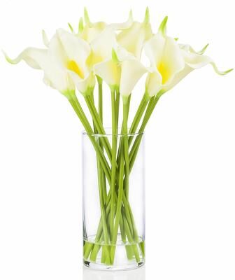 Enova Home Artificial Real Touch Calla Lily Fake Silk Flowers Arrangement in Clear Glass Vase with Faux Water for Decoration