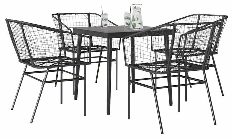 Gartenset - 5-teiliges Outdoor-Tischset - Schwarzes Gartenmöbel-Set aus Poly-Rattan mit Glasplatte