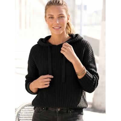 Kapuzenpullover LASCANA "aus weichem Grobstrick", Damen, Gr. 40/42, schwarz, Grobstrick, Obermaterial: 100% Polyacryl, unifarben, figurumspielend hüftlang, Rippstrickbündchen, Pullover Kapuzenpullover, weicher Strickpullover mit Kapuze, gestrickter...