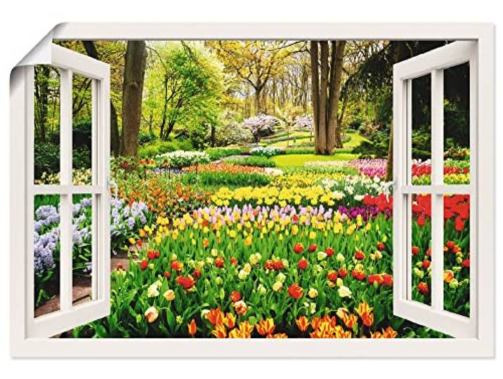 ARTLAND Wanddeko Poster & Kunstdrucke Wandposter 130x90 cm + weitere Größen Bild ohne Rahmen Querformat Fensterblick Landschaftsbilder Tulpen Garten U1OS