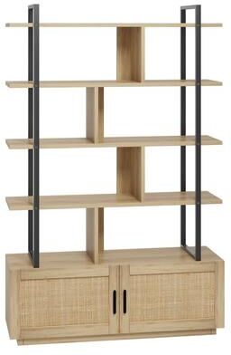 Garvee 5 Tier Rattan Bookshelf with Storage Cabinet & Door
