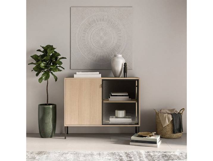 Lomadox Kommode BANSIN-131, in Eiche, 107 cm breit, griffloses Design, Glasfront, schwarze Akzente