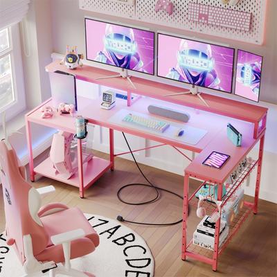 Bestier 71.5 L Shaped Computer Desk with LED, Corner Gaming Desk with Power Outlet