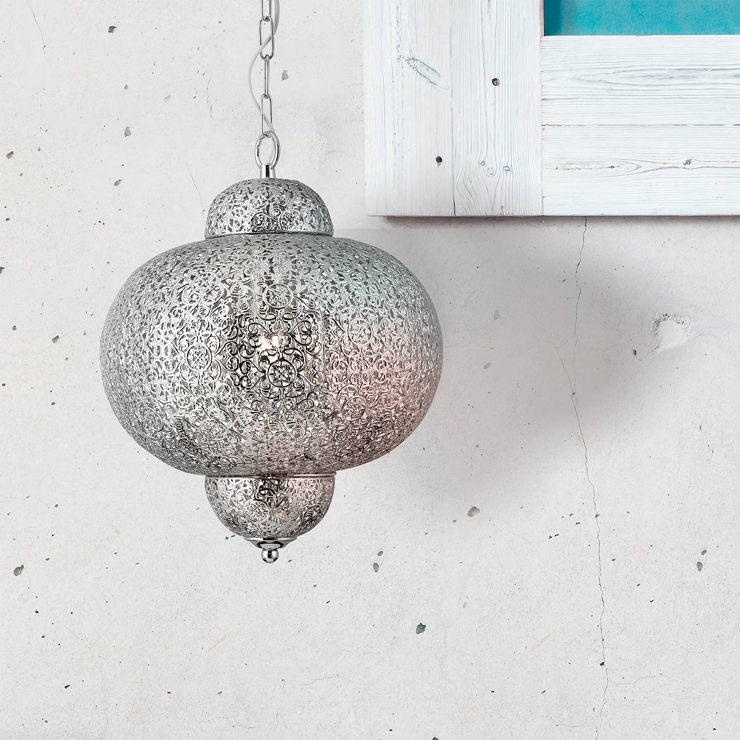 Searchlight Fretwork Marokkaanse hanglamp zilver metaal B: 29 cm, D: 29 cm, H: 37 cm