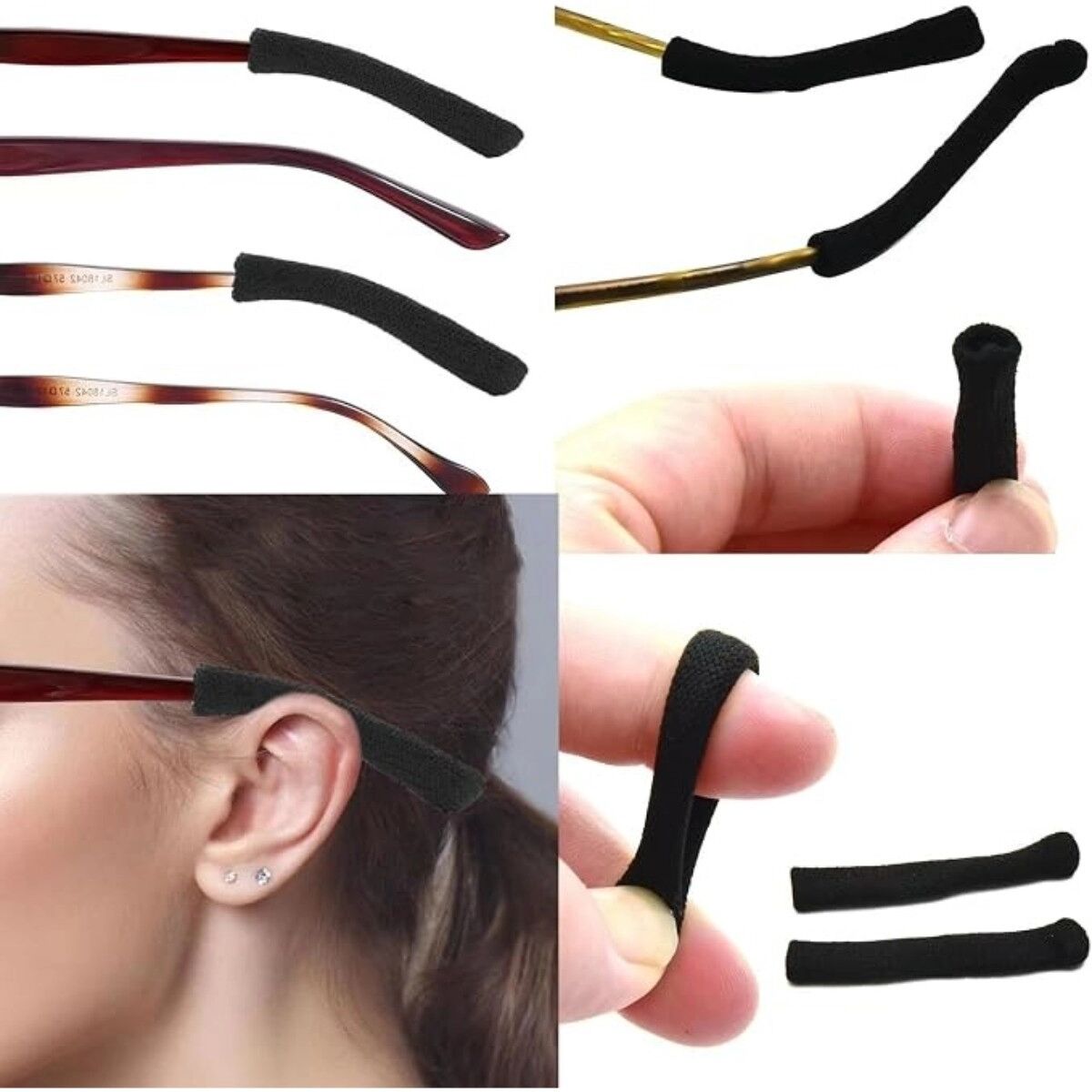 INF Gestrickte Brillenbügelüberzüge, 3 Paar mit elastischer rutschhemmender Ausführung für 55mm-60mm Brillenbügel Schwarz