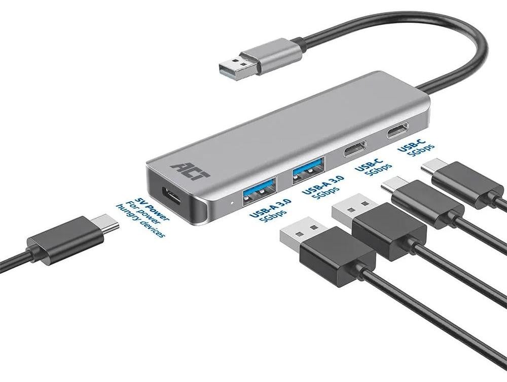 ACT USB-A-hub 3.0 met 2x USB-A en 2x USB-C, model AC6125