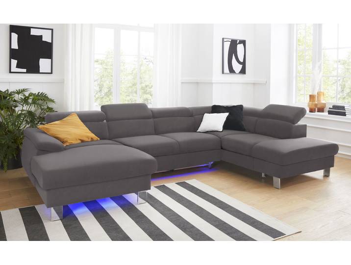Wohnlandschaft, Microfaser PRIMABELLE, Grau, 320 cm, Mit Kopfteilverstellung, U-Form, Cotta