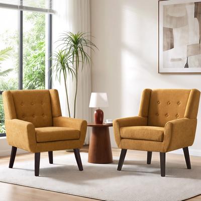 HUIMO Living Room Chairs Set of 2,Upholstered Button Linen Accent Chair, Mid Century Fabric Modern Armchair, Club Sofa Chairs
