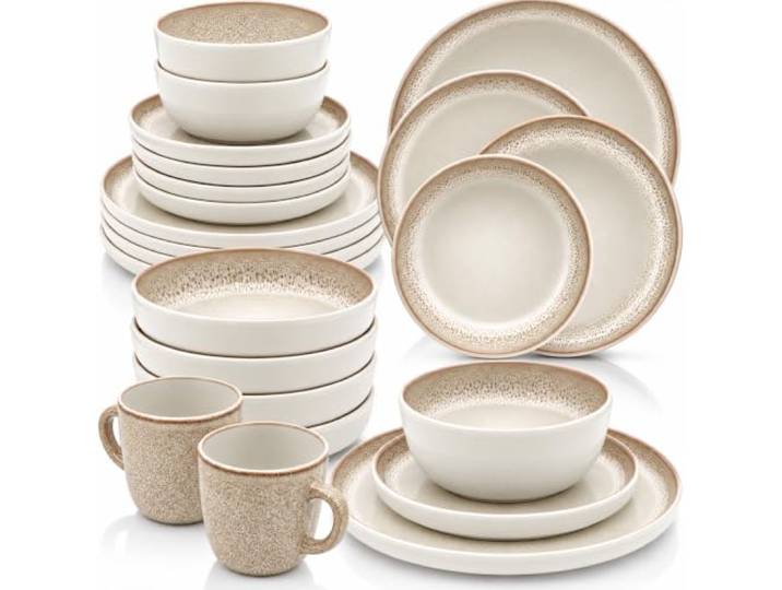 SÄNGER Verona Steingut Geschirrset 6 Personen, Teller Set 30tlg Beige Braun Handmade Geschirr Set, Kombiservice: Teller, Becher, Schalen & Pastateller, für Spülmaschine & Mikrowelle geeignet.