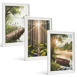 BILDER SET 3er Set - 40x60 cm Weißer Rahmen - Landschaft aus Wald, See und Boot