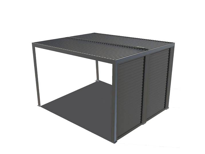Pergola bioclimatique ALUMINIUM livrée avec des ventelles latérales aluminium mobiles pour côté 3 m / Surface de protection : 10,80 m²