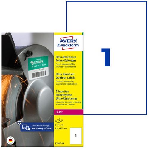AVERY Zweckform 10 resistente Folienetiketten L7917-10 weiß 210,0 x 297,0 mm