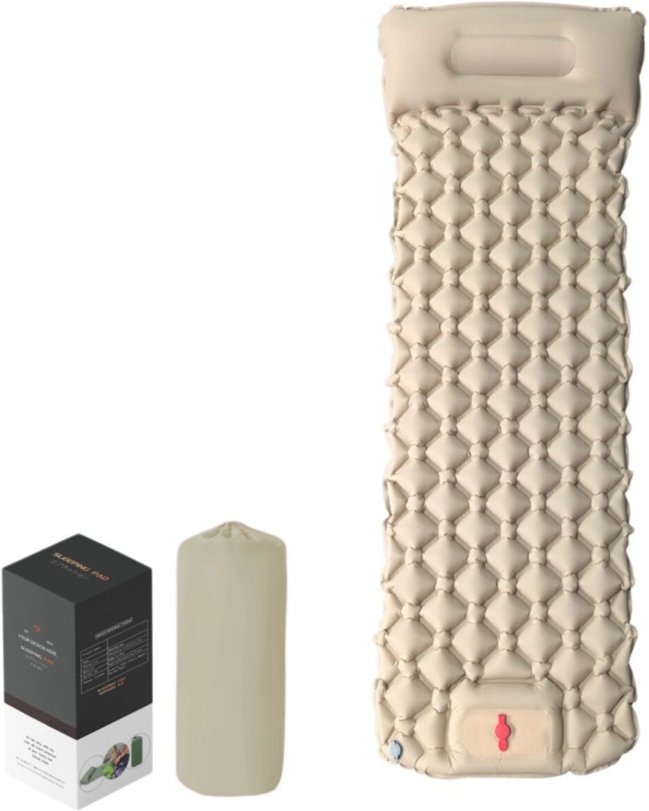 INF Diamant-TPU Zelt-Schlafmatte mit Fußpumpe und Kissen – aufblasbare Camping-Matte, feuchtigkeitsresistent, 7cm, 200kg, Khaki
