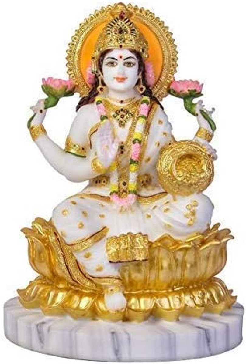 Handgemaakt Marmeren Religieus Beeld Godin Lakshmi Ganesha - Wit Goud - Hoogte: 33 cm