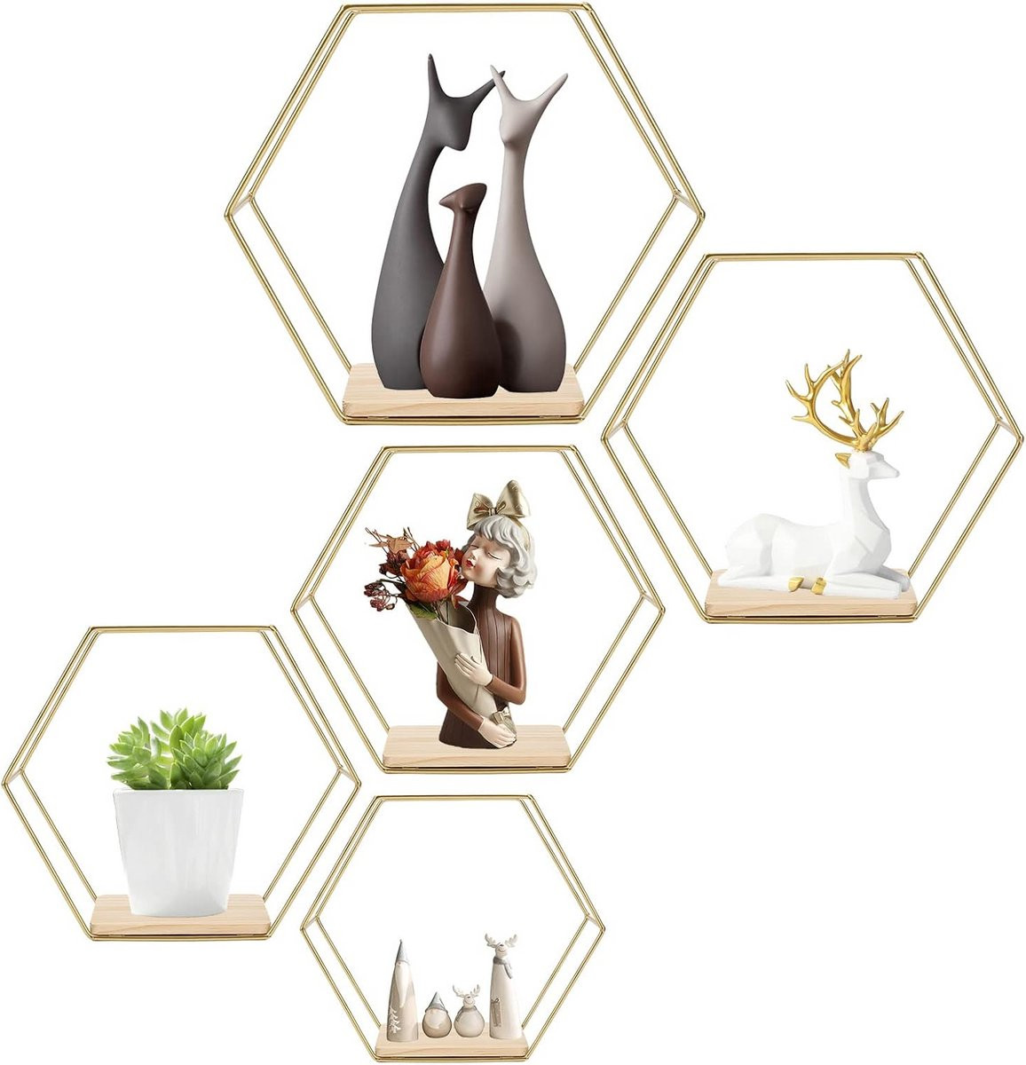 Set van 5 Zeshoekige Wandplanken voor Decoratie en Opslag