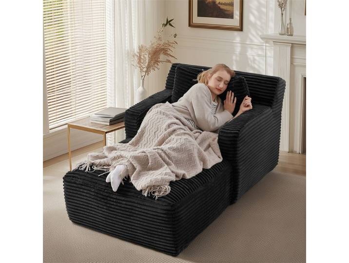 DRIPEX Canapé chaise longue moderne en velours côtelé Noir canapé-lit confortable fauteuil relax sans montage 100×166×72cm