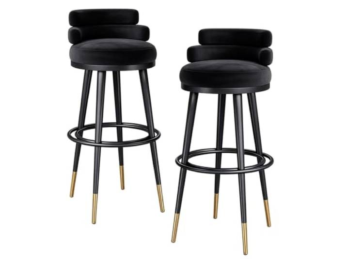Barhocker für Küchentresen 1/2/3/4er Set Samt Metallgestell Schwarz Weicher Samtbezug, hochdichter Schaum, niedrige Rückenlehne für Komfort, Metallgestell mit Fußstütze(2 PCS,25.6in Black)