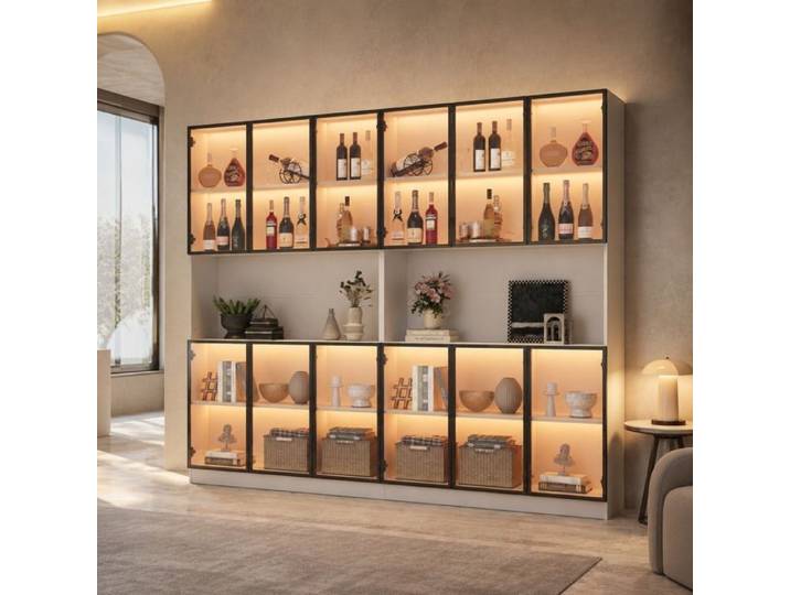 Vitrine 240x34x200 cm EVRYAE - 12 portes avec LED et commande par application portes en verre soft-close - Blanc