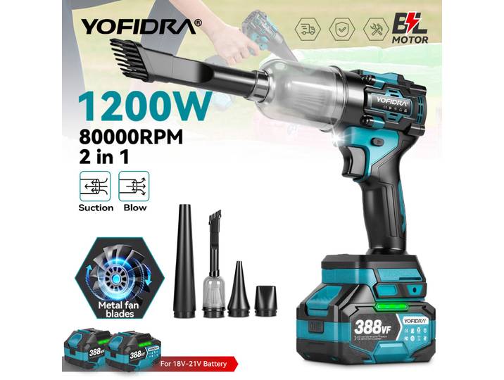 Souffleur et aspirateur électrique sans fil YOFIDRA 2-en-1 Turbo 1000Pa, outil de soufflage de feuilles et de poussière, compatible avec batterie Makita 18V.