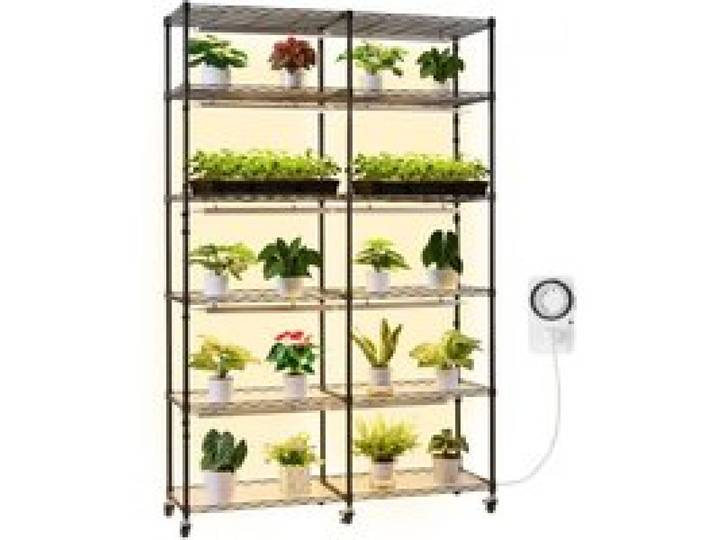 VEVOR Pflanzenregal mit Wachstumslicht, 6-stufiger doppelreihiger Pflanzenständer für Zimmerpflanzen mit Rädern & Timer, 200-W-Vollspektrum-Lichter, Blumenregal für Samenanzucht, 120x35x180cm