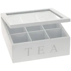 INDA-Exclusiv Teebox Holz Weiß Deckel 9-Fächer mit Aufschrift TEA