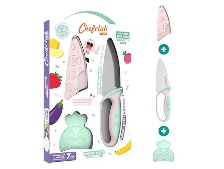 Chefclub Kids - Kit Couteau de Cuisine pour Enfants - Dès 7 ans Lame Acier Inoxydable - Protège-Doigts et Protège-Lame - Ustensile de cuisine Sécurisé et Ergonomique - Cadeau enfant 7 ans