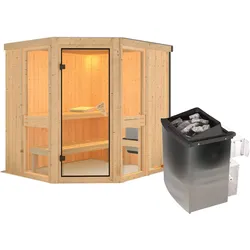 Karibu Amelia 1 - Sauna mit Eckeinstieg 68 mm-9 kW Ofen integr. Steuerung-ohne Dachkranz