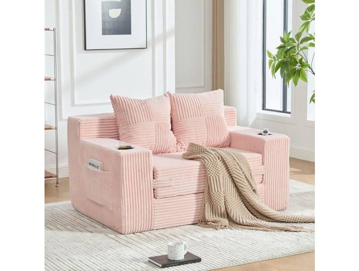SENVIRO Canapé-lit convertible deux places 151 x 133 x 64 cm velours côtelé rose deux coussins porte-gobelets