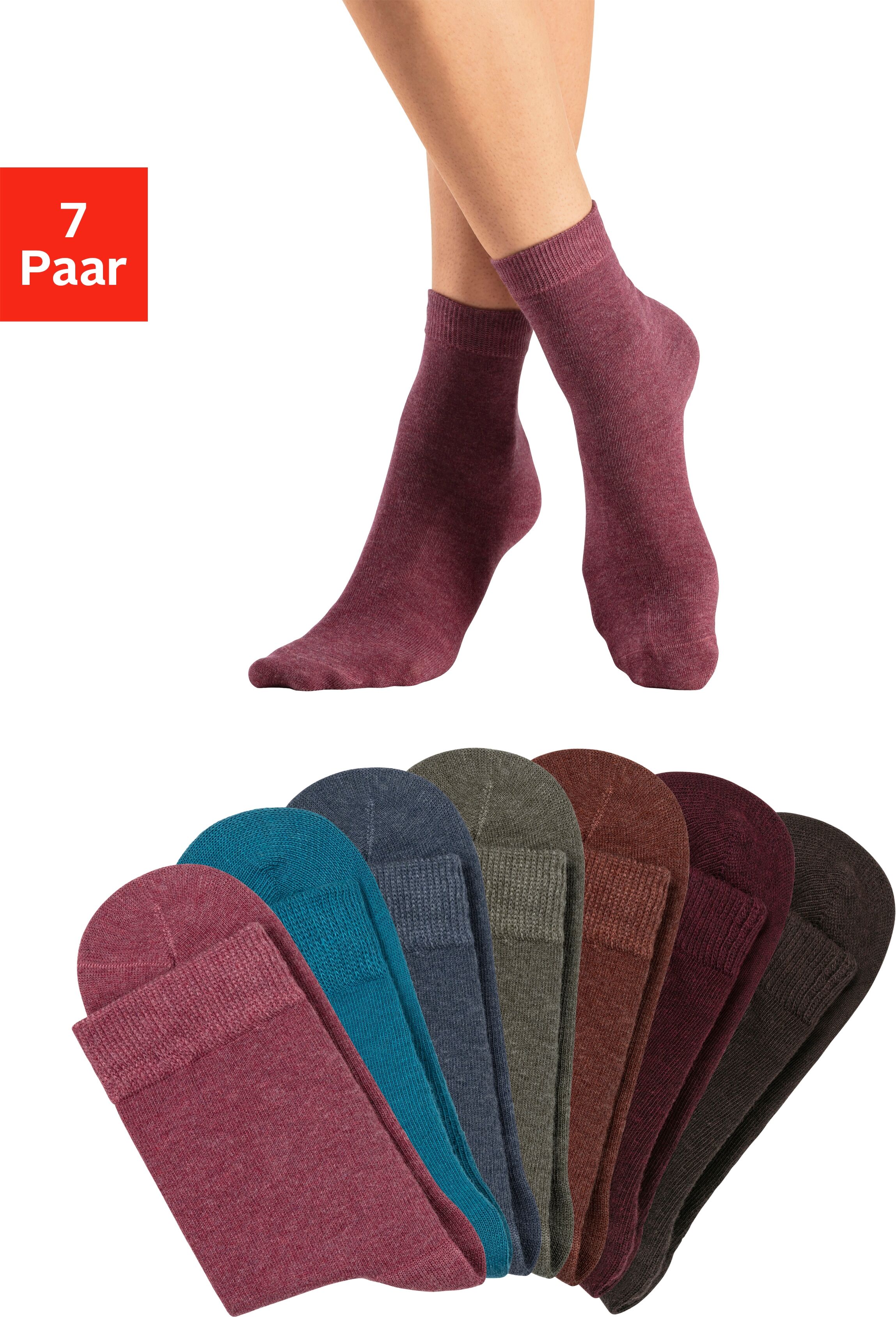 Basicsocken LASCANA, Damen, Gr. 35-38, bunt (1x braun, melange, 1x hellbraun, melange, 1x olive, melange, 1x ruby, melange, 1x beere, melange, 1x jeans, melange, 1x petrol, melange), Baumwollmischung, meliert, elastisch, Socken Basicsocken, in bunten Mela