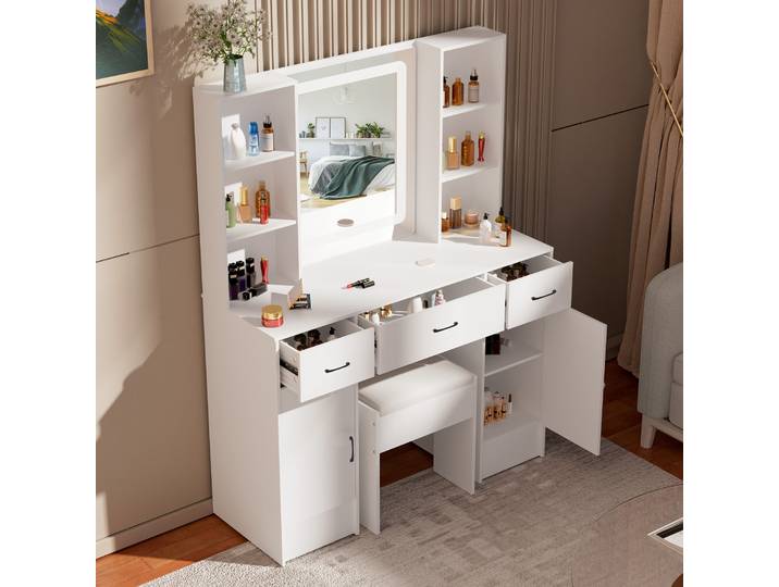 Tables de vanité livraison gratuite Extra Large coiffeuse tabouret ensemble intelligent LED miroir 3 tiroirs vanité maquillage bureau chambre meubles