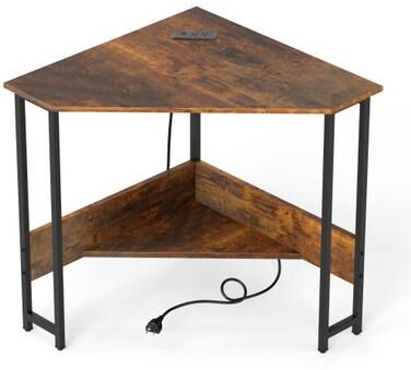 Costway Triangle Computer Corner Desk with Charging Station-Rustic Brown