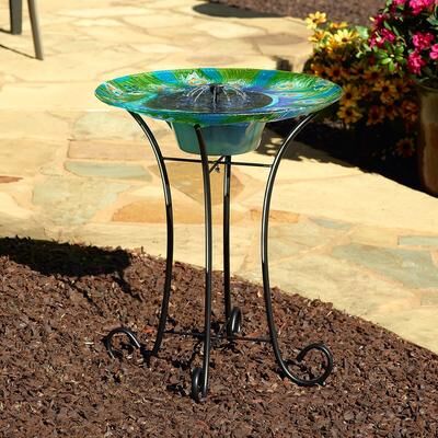 Smart Solar Argus Peacock Glass IntelliSolar Birdbath with Remote