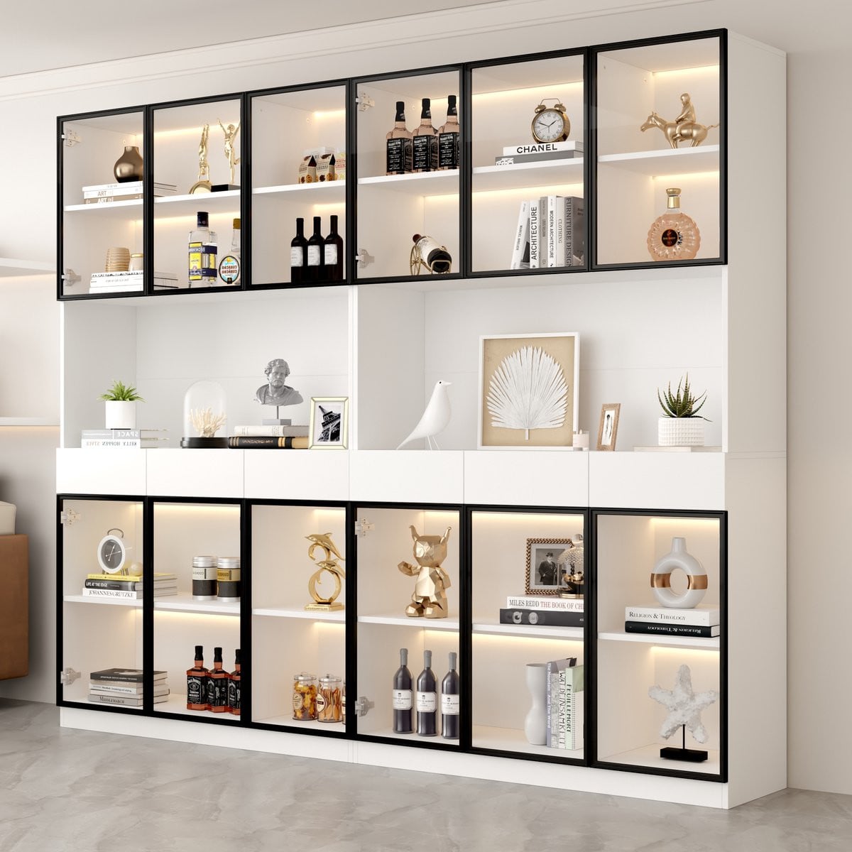 MODFU Vitrinekast met LED-verlichting en 6 lades in wit met glazen deuren en aluminium details